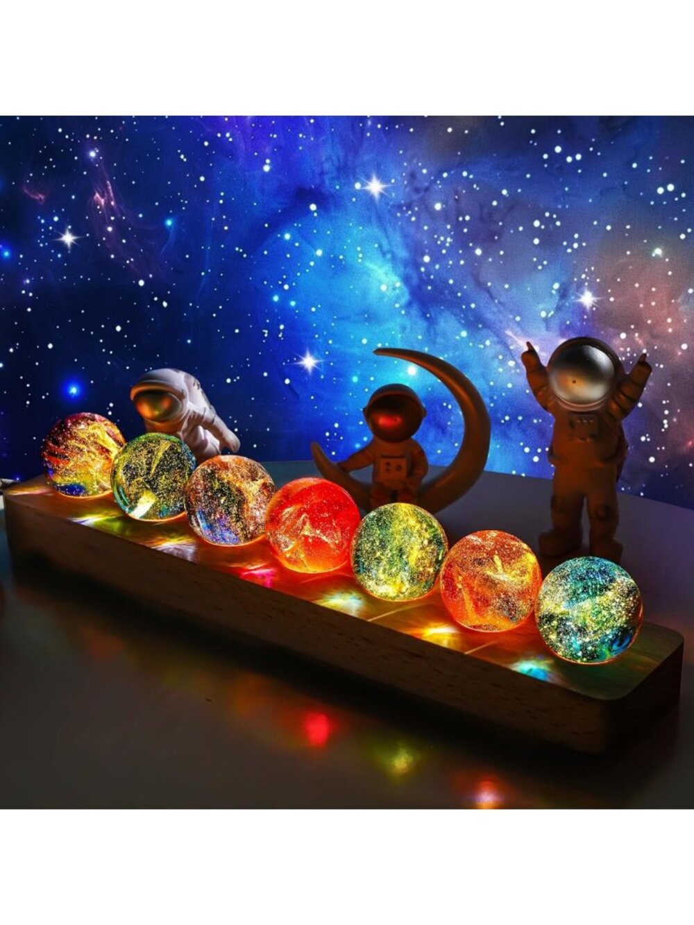 7-Piece 1.5-Inch Crystal Chakra Ball Set with LED Wood Base for Home Decor